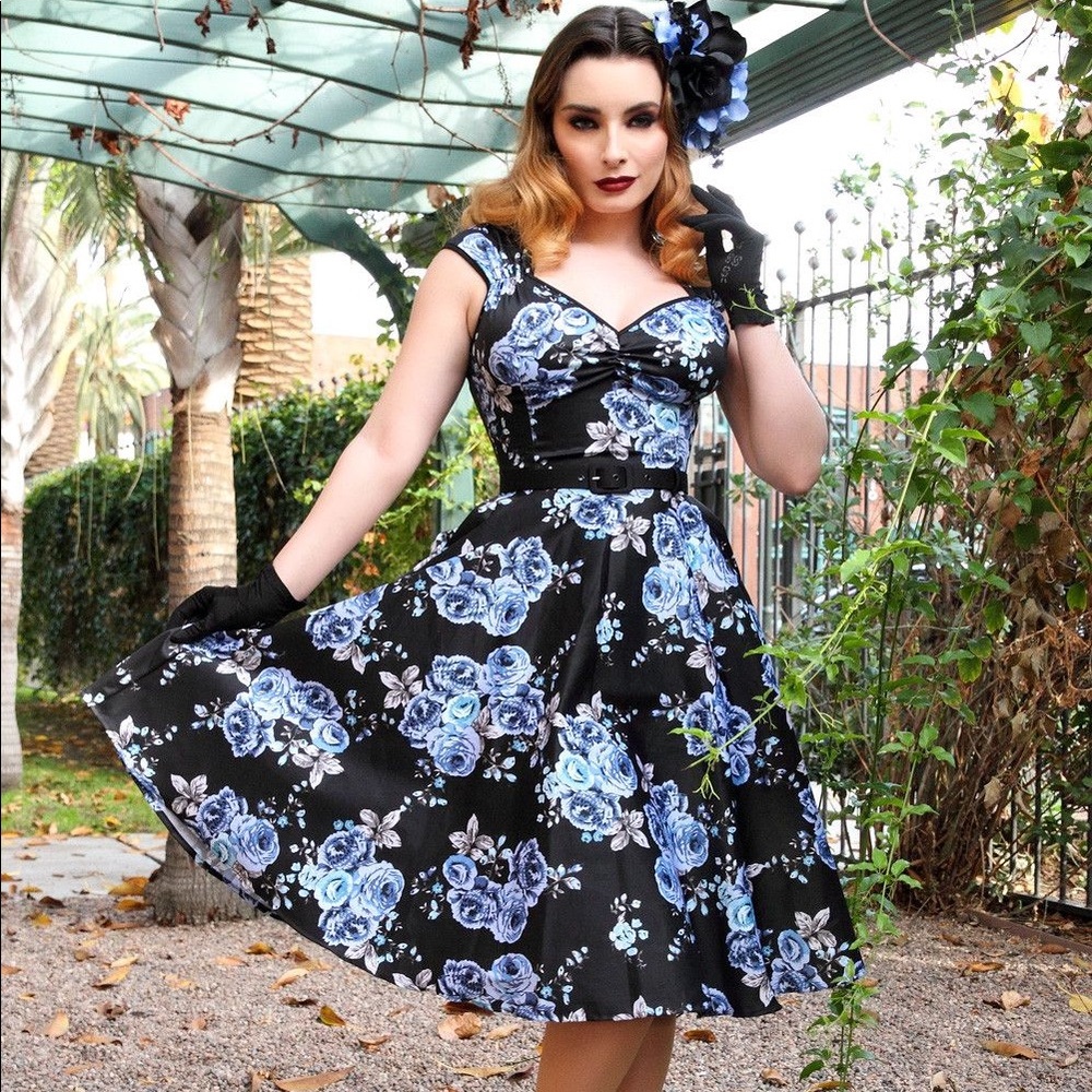 Pinup Couture Blue Rose Printed Sateen Heidi Dress